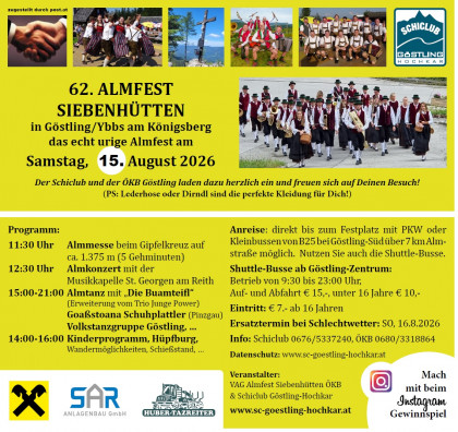 Flyer für 62. Almfest Siebenhütten am 15.8.2026