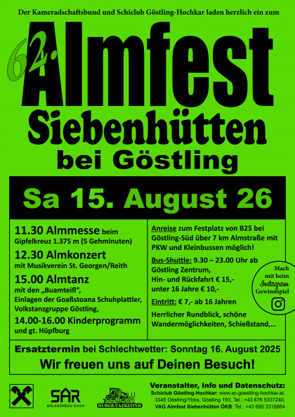 Plakat für 62. Almfest Siebenhütten am 15.8.2026