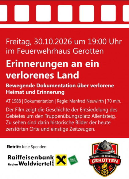 Film-Dokumenation "Erinnerungen an ein verlorenes Land" Fr 30.10.2026 19 Uhr Feuerwehrhaus Gerotten